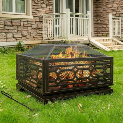 Outdoor Fire Pit, 32 Inch Wood Burning Firepit for Outside with Mesh Cover