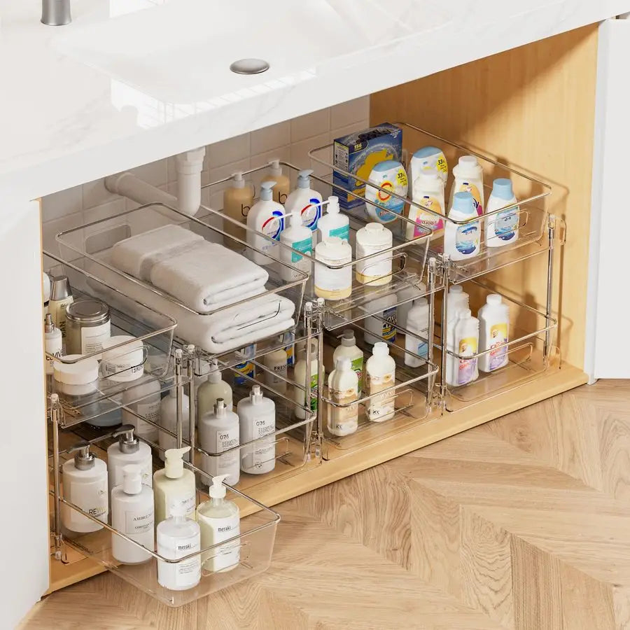 4 Pack Bathroom Organizer, 2 Tier Clear Under Sink Organizers Pullouts