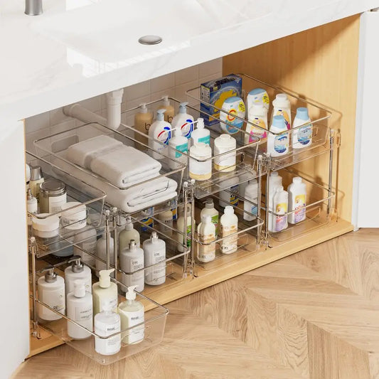 4 Pack Bathroom Organizer, 2 Tier Clear Under Sink Organizers Pullouts
