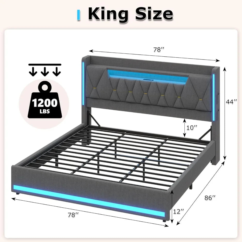 Headboard and Storage, Metal King Bed W / LED Lights & Charging Station, Upholstered Platf