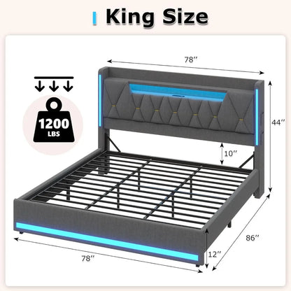 Headboard and Storage, Metal King Bed W / LED Lights & Charging Station, Upholstered Platf