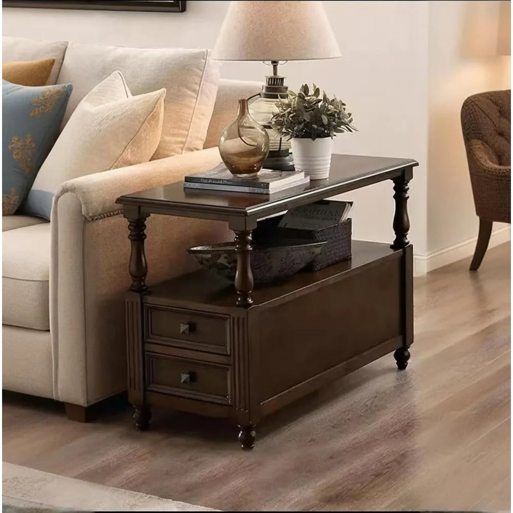 "Solid Wood End Table - 2 Drawers, Vintage Design