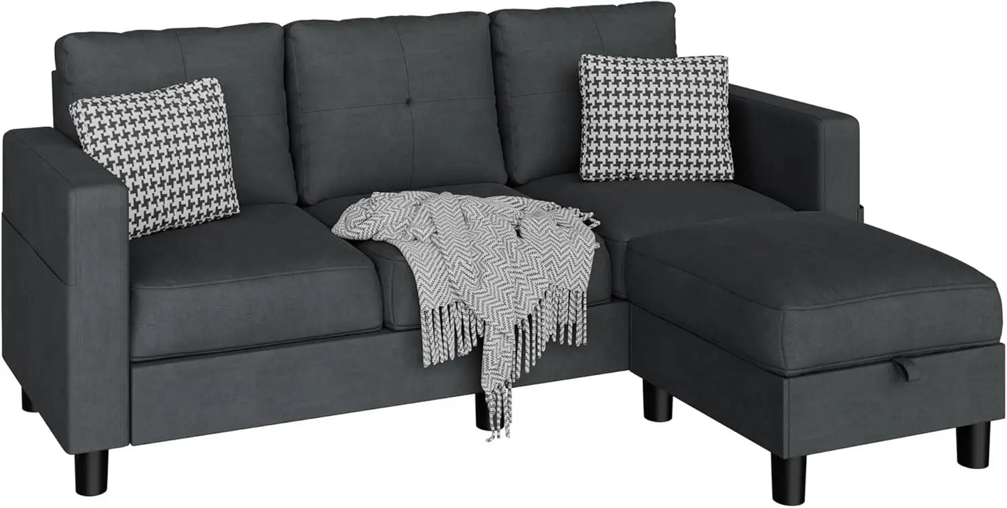 L-Shaped Couch 3 Seat Sofa Set W/ Linen Fabric & Ottoman Small Couch