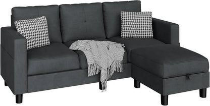 L-Shaped Couch 3 Seat Sofa Set W/ Linen Fabric & Ottoman Small Couch