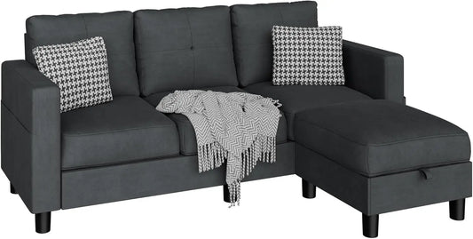 L-Shaped Couch 3 Seat Sofa Set W/ Linen Fabric & Ottoman Small Couch