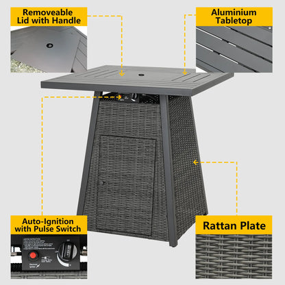36" Square Fire Pit Table Outdoor Bar High Fire Tables Gas for Outside Patio Wicker Propane with Glass Fire Beads