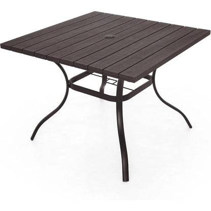 Outdoor Dining Table with 1.6 Umbrella Hole, Picnic Table Brown Plastic