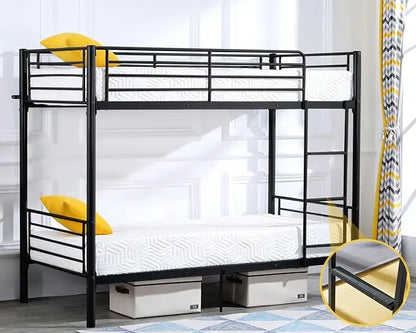 twin over twin heavy duty bunk bed W / flat ladder and 13" high guardrail for kids, teens, and adults