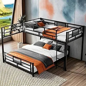 stylish l-shaped metal twin over full bunk bed W / ladders and guardrails for kids
