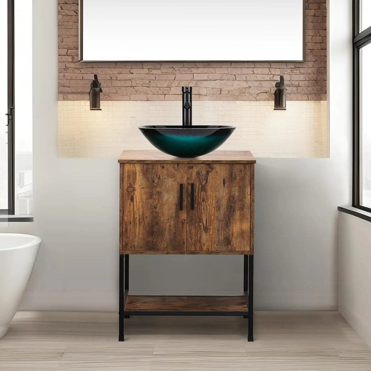 Rustic Brown 24" Bathroom Vanity & Cabinet Set w/ Shelf & Vessel Sink