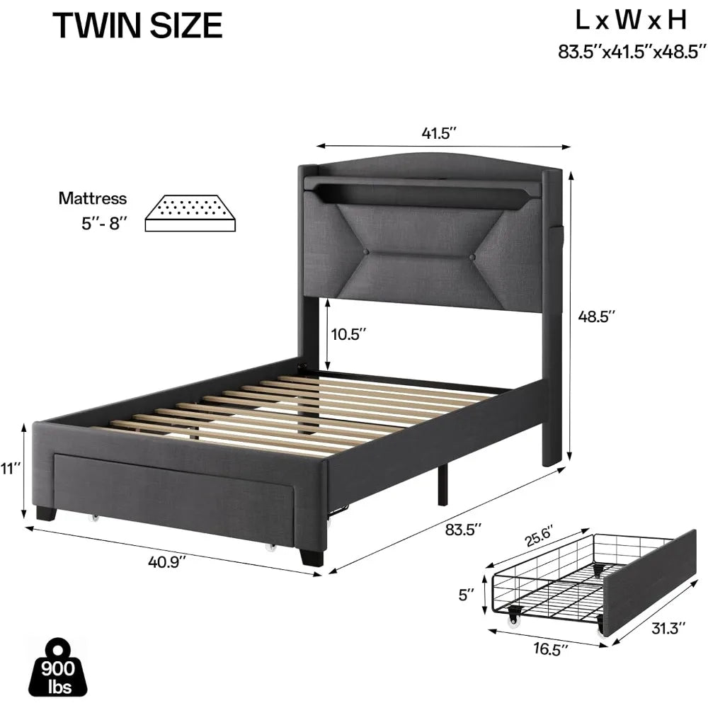 "Twin size bed frame W / storage &upholstered headboard, including drawers, charging station & led lighting"