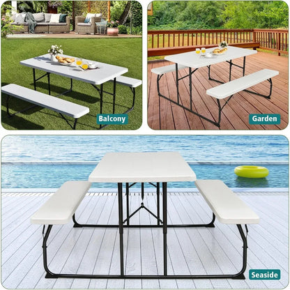 Folding Picnic Table, Plastic Picnic Table with 2 Benches, Outdoor Foldable Table and Bench with Steel Frame & Wood-Lik