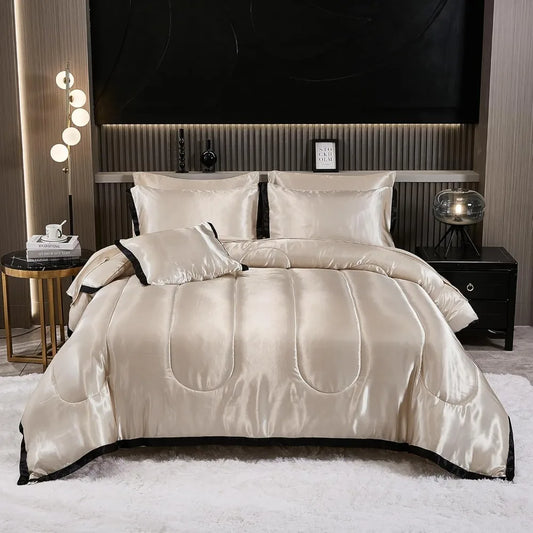 Satin King Comforter Set Silk Like Beige Bedding Comforter 8 Pieces Luxury Bed Sheet
