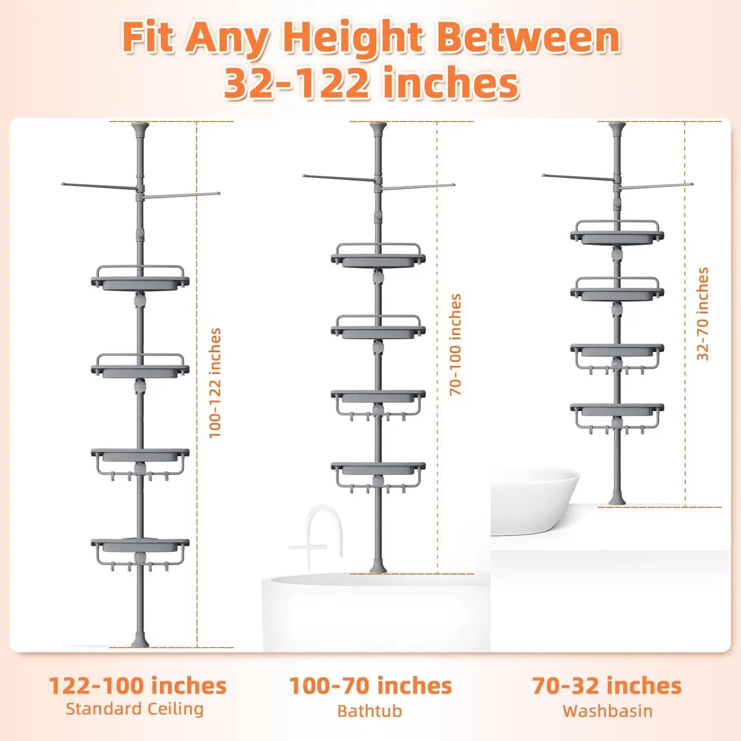 32-122inch Corner Shower Caddy Tension Pole Grey, Rustproof Drill-Free