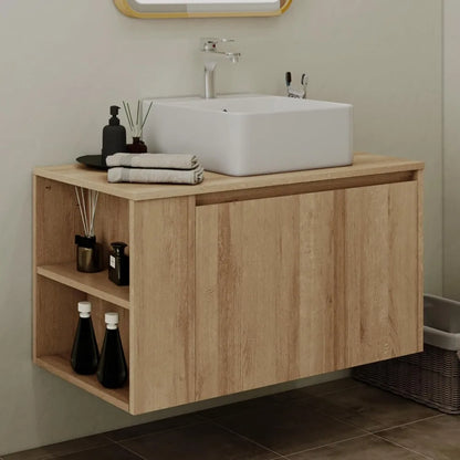 36-inch Wall-Mounted Natural Tone Bathroom Vanity with Concealed Drawer and Sink