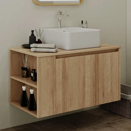 36-inch Wall-Mounted Natural Tone Bathroom Vanity with Concealed Drawer and Sink