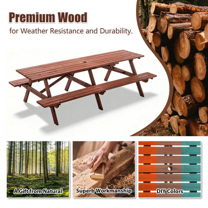 Large 12-Person Wooden Picnic Table Outdoor, Weatherproof w/ Umbrella Hole, Ideal for BBQ & Gatherings