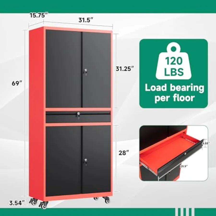 Red Metal Garage Storage Cabinet with Wheels