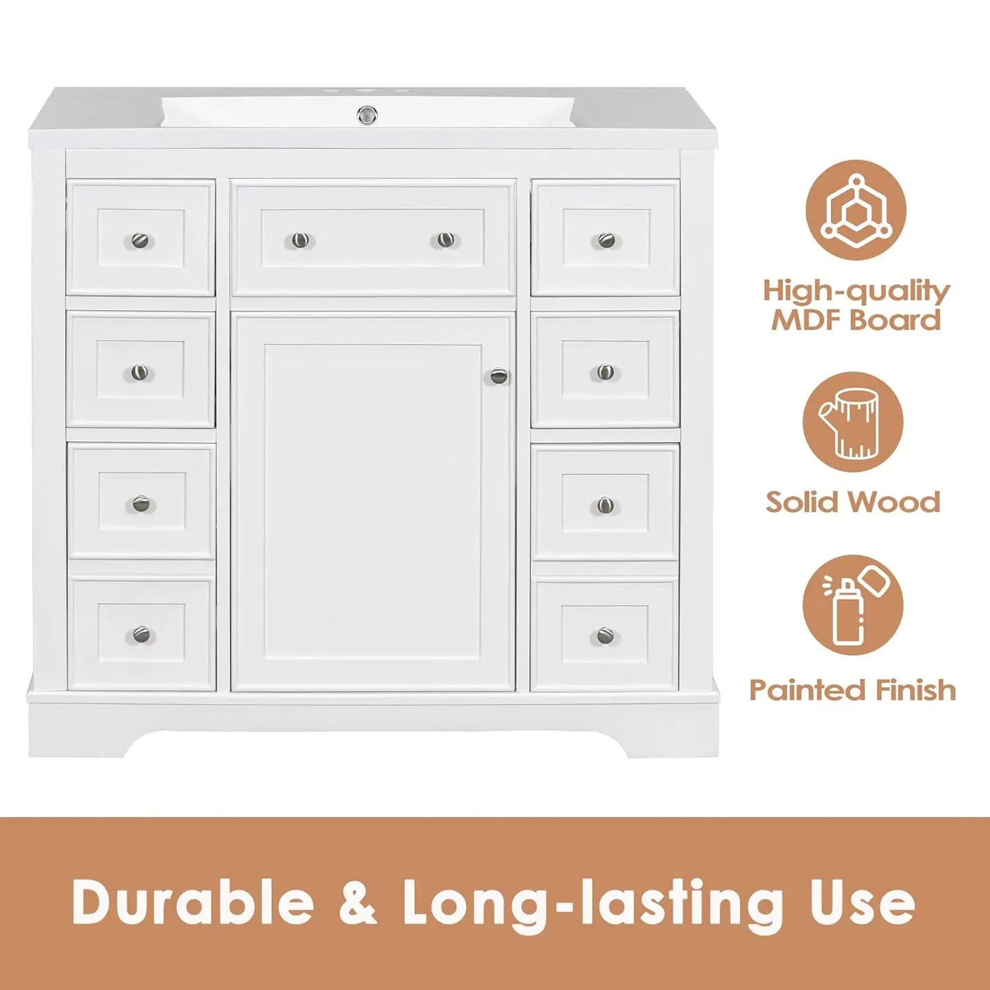 36 Inch Bathroom Vanity Cabinet Base White Storage 1 Door 6 Drawers, Customized