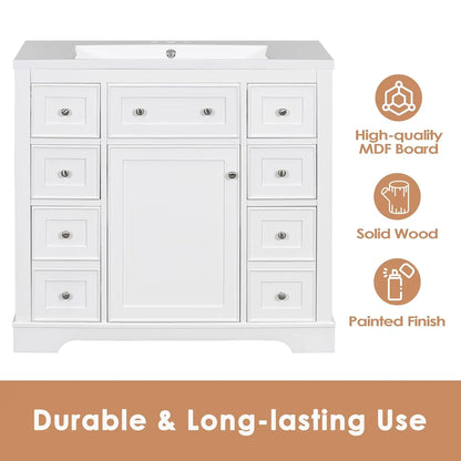 36 Inch Bathroom Vanity Cabinet Base White Storage 1 Door 6 Drawers, Customized