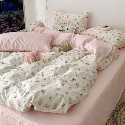 Pink Floral Bedding Set Soft Single Double Queen Size Duvet Cover Flat Sheet Pillowcase