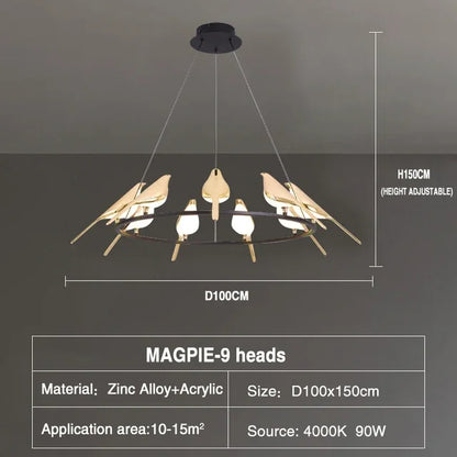 Modern LED Gold Magpie Bird Ceiling Chandelier