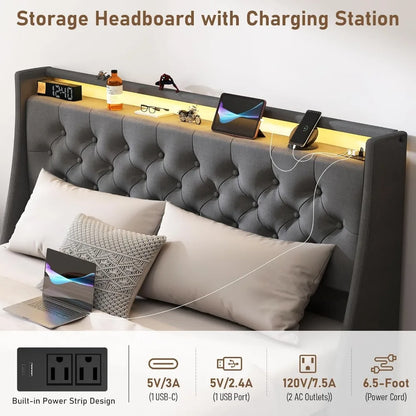 queen size metal bed frame W /storage headboard, 4 drawers, led lights & charging station