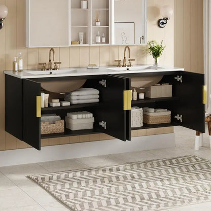 60" Vintage Bathroom Vanity Set with Separate Ceramic Sink, 3 Holes Single Sink