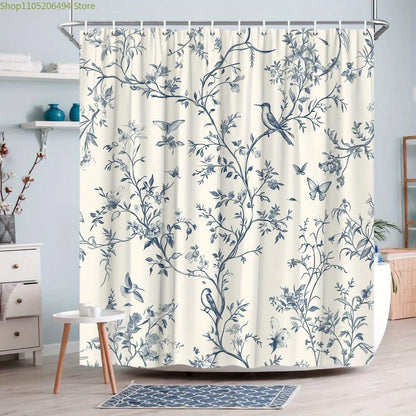 1pc Vintage Floral Shower Curtain - Elegant Blue Branches & Birds