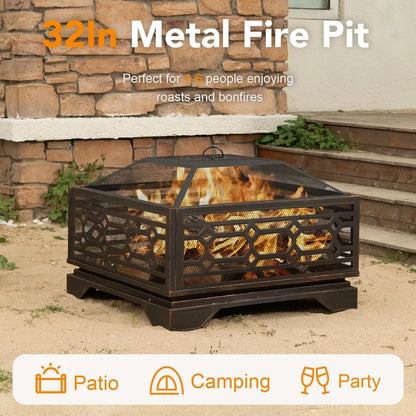 Outdoor Fire Pit, 32 Inch Wood Burning Firepit for Outside with Mesh Cover