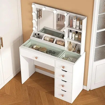 White Vanity Desk W/ Mirror & Lights, Glass Top, 5 Drawers, 3 Modes Dimmable LED