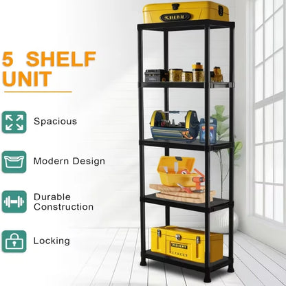 5-Layer Black Plastic Storage Rack Heavy Duty Adjustable Shelving