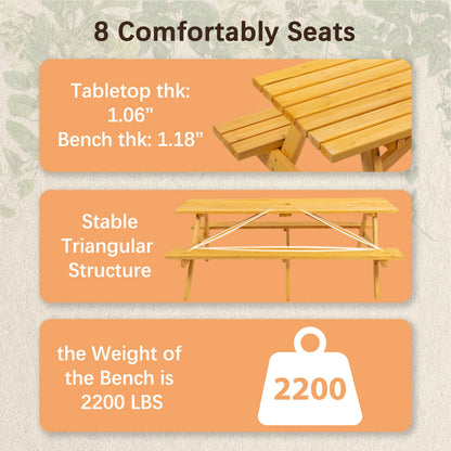 8 Person Wooden Picnic Table, Outdoor Camping Dining Table with 2 Seats, Garden, DIY with 2 Built-in Benches, 2220lb Capac