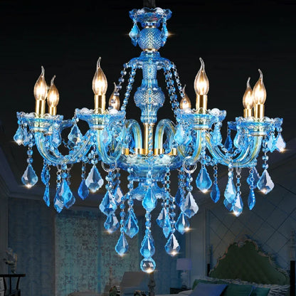 Blue Crystal Ceiling Chandeliers Printing Fabric Lampshade Hanging Lamp Modern Kitchen Restaurant Living Room LED Pendant Lights