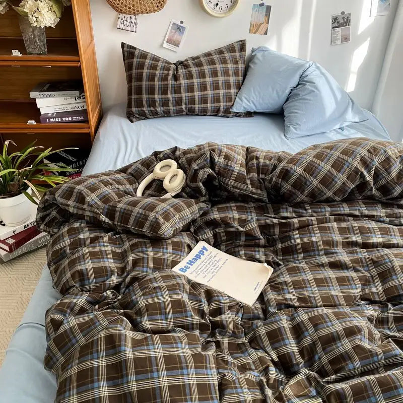 Bedding Set Ambiance Blue Coffee Grid Mixed W / Washed Cotton Fitted Sheets Duvet Cover