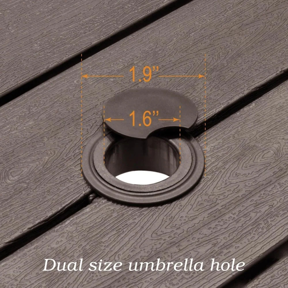 Outdoor Dining Table with 1.6 Umbrella Hole, Picnic Table Brown Plastic