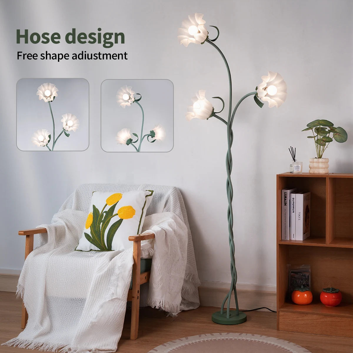 Retro 3-Head Flower Floor Lamp, Contains Bulb, 3-Color Dimmable W / Flexible Neck Room