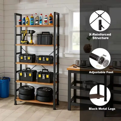 5-Tier Industrial Black Freestanding Bookcase &Shelves