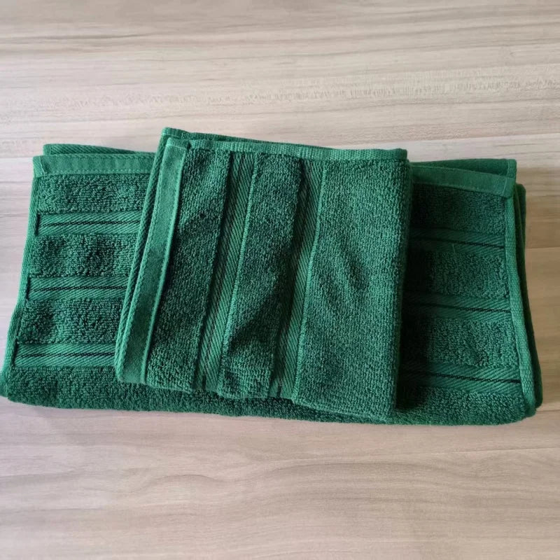 3pcs Dark Green 1 Face+2 Hand Towels,100%Cotton, Stripe Decor