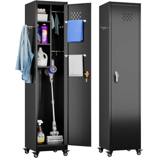 72'' Metal Broom Closet Storage Cabinet w/ Wheels & Pegboards