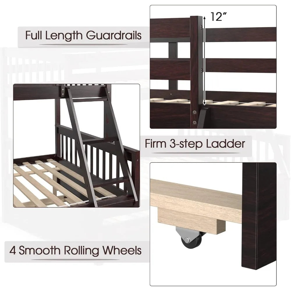 Twin over full bunk bed W / trundle, solid pine wood frame, space-saving design with ladder and safety rails