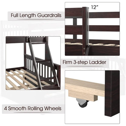Twin over full bunk bed W / trundle, solid pine wood frame, space-saving design with ladder and safety rails