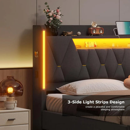 Headboard and Storage, Metal King Bed W / LED Lights & Charging Station, Upholstered Platf