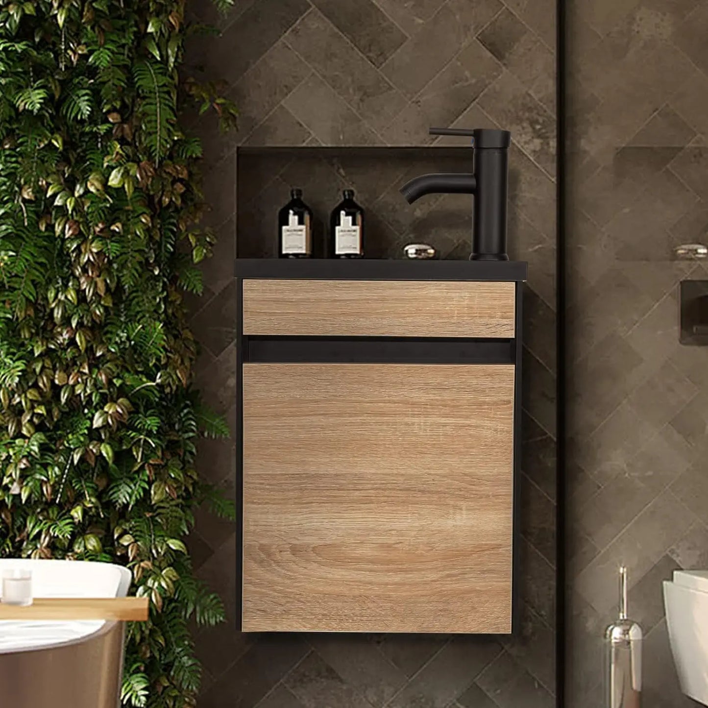 16" Small Bathroom Vanity, Black & Natural Mixed with Ceramic Sink