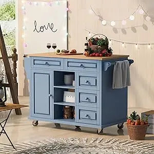 Outdoor Kitchen Island, Rolling Bar Cart & Storage Cabinet, Farmhouse Solid Wood Outdoor Grill Table with Stainless Steel Top,