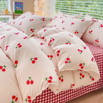Pink Floral Bedding Set Soft Single Double Queen Size Duvet Cover Flat Sheet Pillowcase
