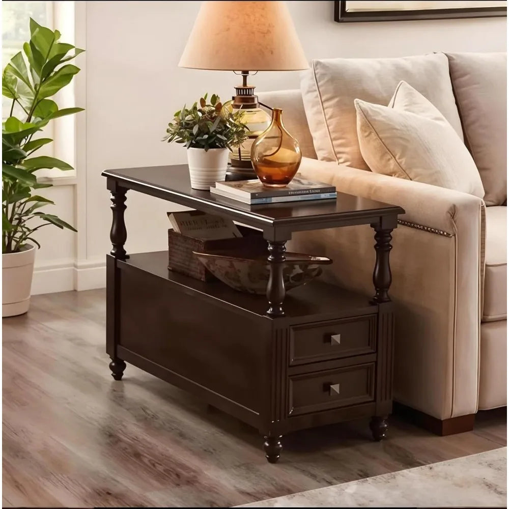 "Solid Wood End Table - 2 Drawers, Vintage Design