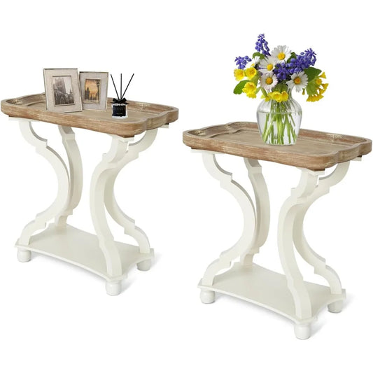 2 Farmhouse Accent End Table with Natural Tray, Solid Wood Frame