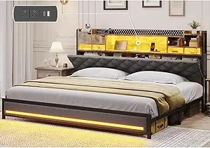 Headboard and Storage, Metal King Bed W / LED Lights & Charging Station, Upholstered Platf
