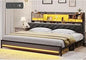 Headboard and Storage, Metal King Bed W / LED Lights & Charging Station, Upholstered Platf
